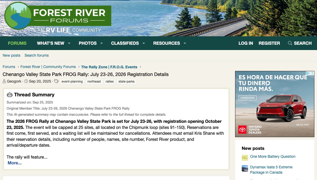 Chenango Valley State Park FROG Rally: July 23-26, 2026 Registration Details